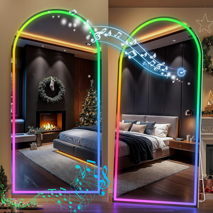 Hasipu Arch Full Length Mirror 79 x 36 in with Stand — Arch LED RGB Full Body Mirror, 7 Lighting Modes, Dimmable, Built‑in Bluetooth Speaker, White Frame for Bedroom Dressing Room