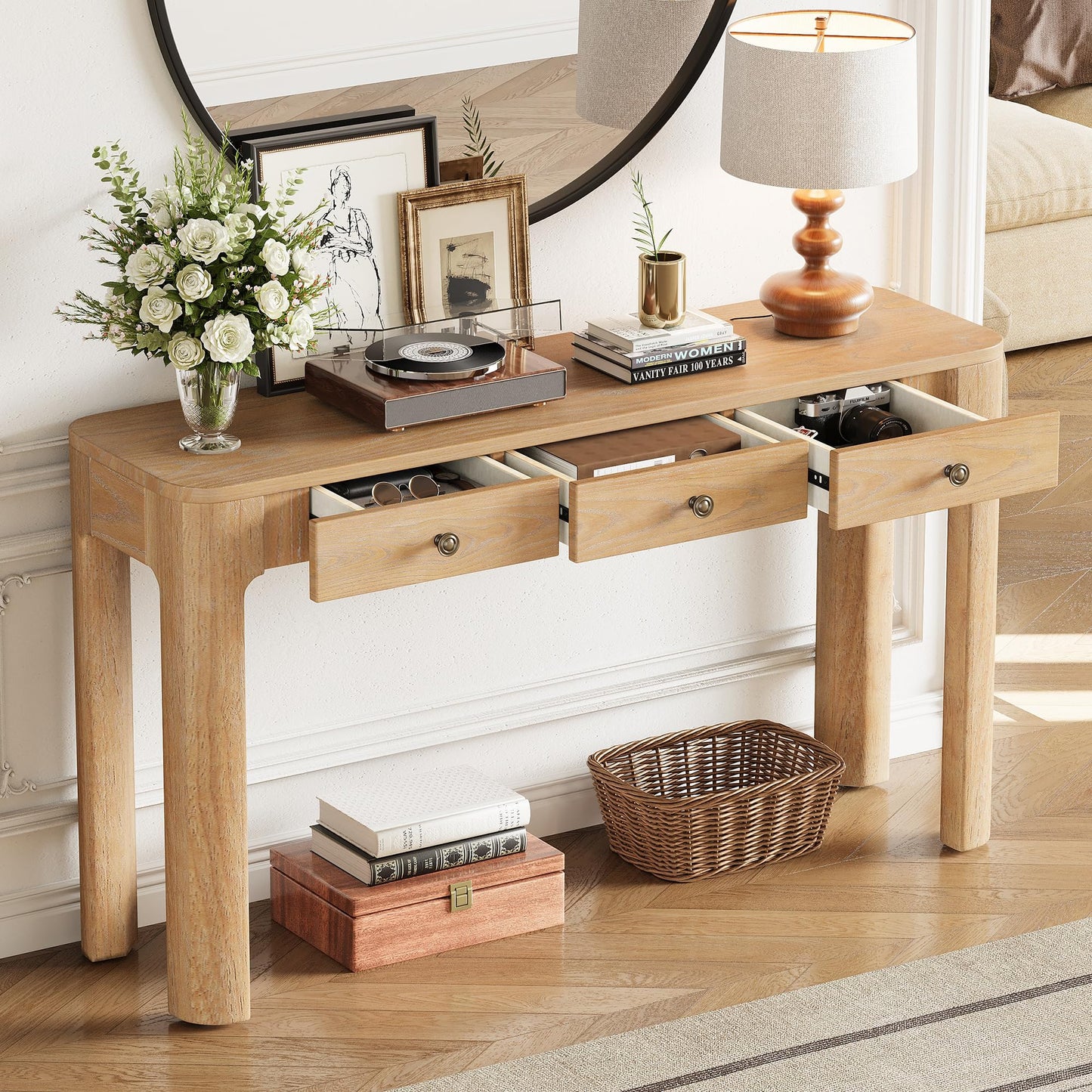 Merax 52" Console Table with 3 Drawers, Rustic Entryway Table with Curved Corners, Narrow Long Sofa Table for Living Room, Hallway, Entrance, Behind Couch, Foyer, Sturdy Thick Legs, Light Oak