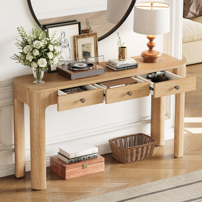 Merax 52" Console Table with 3 Drawers, Rustic Entryway Table with Curved Corners, Narrow Long Sofa Table for Living Room, Hallway, Entrance, Behind Couch, Foyer, Sturdy Thick Legs, Light Oak