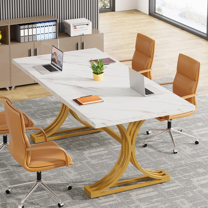 Tribesigns 10.5FT Conference Table, Modern Meeting Table for 8-10 People, Rectangle Seminar Boardroom Table for Office Conference Room with Stylish Legs (2, White + Gold)