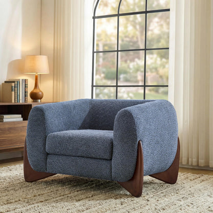 Christopher Knight Home Holly Modern Boucle Fabric Upholstered Club Chair for Living Room, Home Office, Apartment, Relaxing Chair with Removable Cushion and Birch Wood Legs, Blue + Walnut