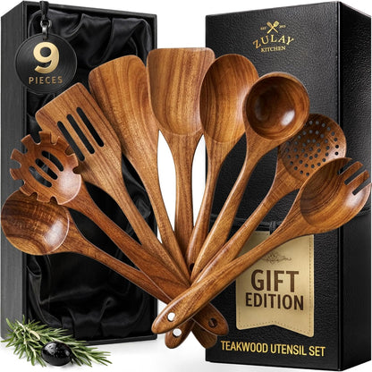 Zulay Kitchen 9-Piece Teak Wooden Utensil Set - Premium Non-Stick Cooking Tools in Gift Box | Comfortable Grip