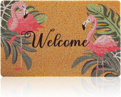 Tinideya Flamingo Welcome Door Mat - Tropical Palm Leaves Design | Non-Slip Rubber, Washable, 17x29 Inch