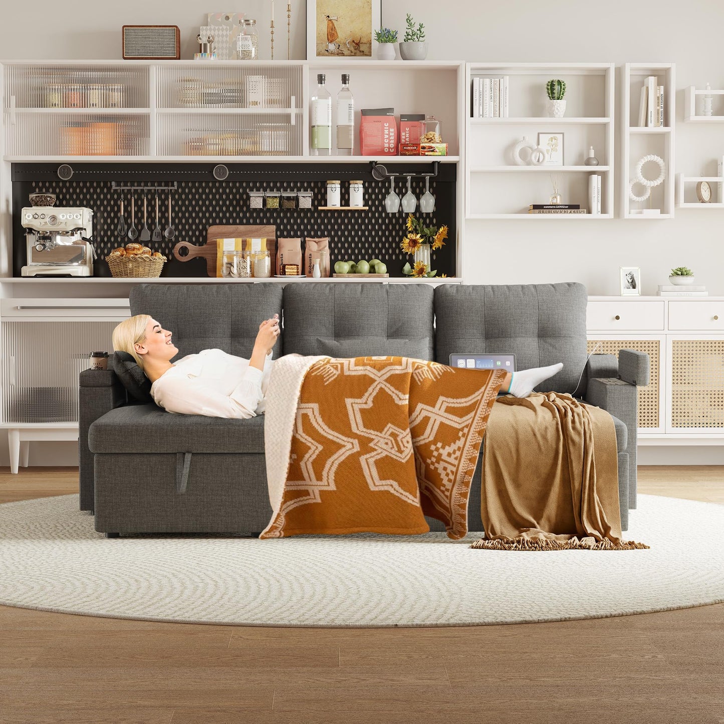 IDEALHOUSE Sofa Bed, L-Shaped Sectional Sleeper Sofa with Storage, Pull-Out Bed, Reversible Chaise, USB-C Ports, Washable Covers, Space-Saving Compact Design, Grey