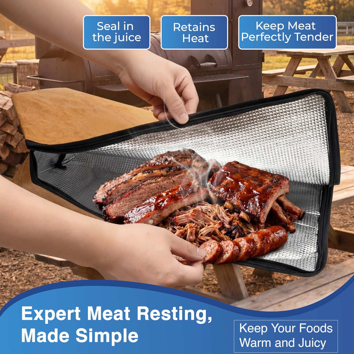 3pcs BBQ Prep Tub, BBQ Blanket, Meat Shredder Claws | Collapsible 3 in 1 Cutting Board with Colander & Dish Basin, Insulated 21" Meat Resting Bag, Barbecue Grilling Accessories with Tub
