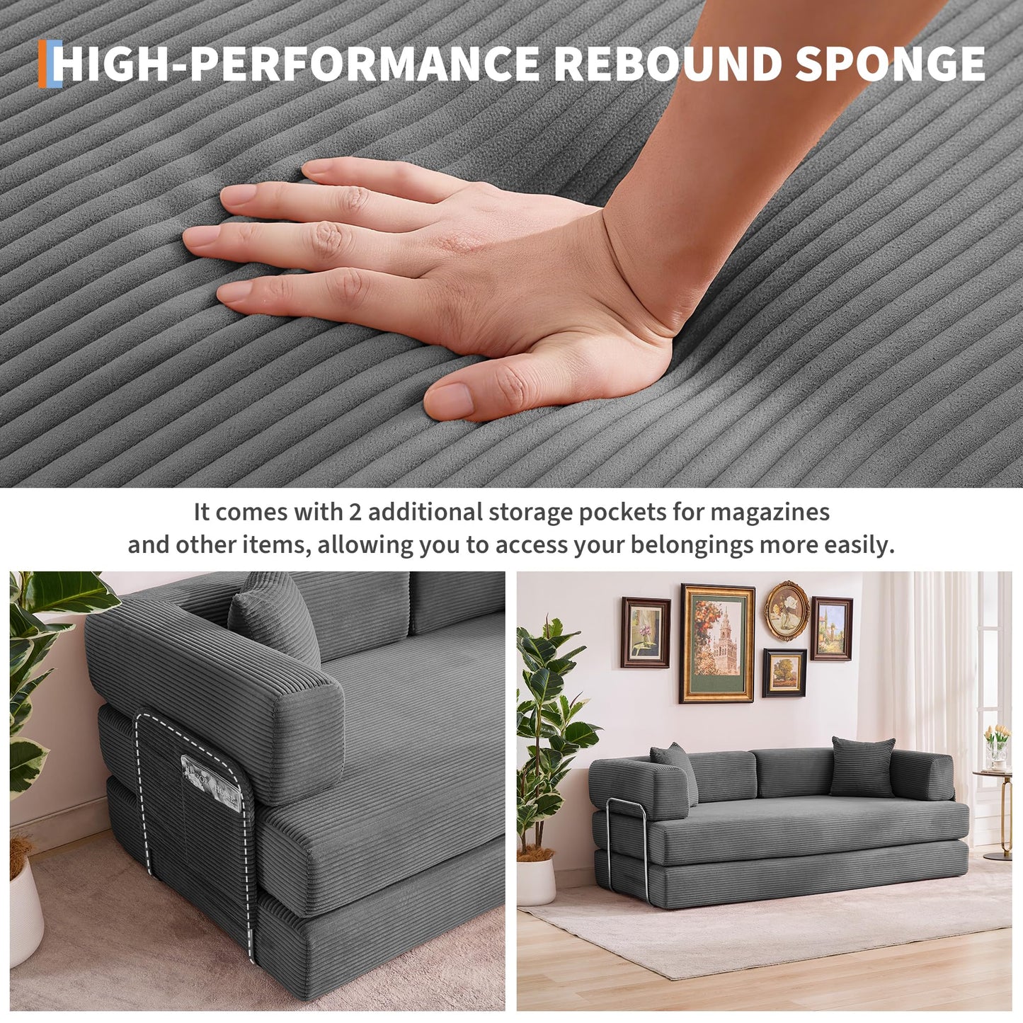 IDEALHOUSE Convertible Sofa Bed 5-in-1, 78.8 Inch Folding Futon Couch with Pull Out Bed, Corduroy Upholstered No-Assembly Loveseat Sleeper for Living Room, Bedroom, Lounge, Grey