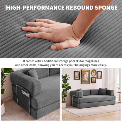 IDEALHOUSE Convertible Sofa Bed 5-in-1, 78.8 Inch Folding Futon Couch with Pull Out Bed, Corduroy Upholstered No-Assembly Loveseat Sleeper for Living Room, Bedroom, Lounge, Grey