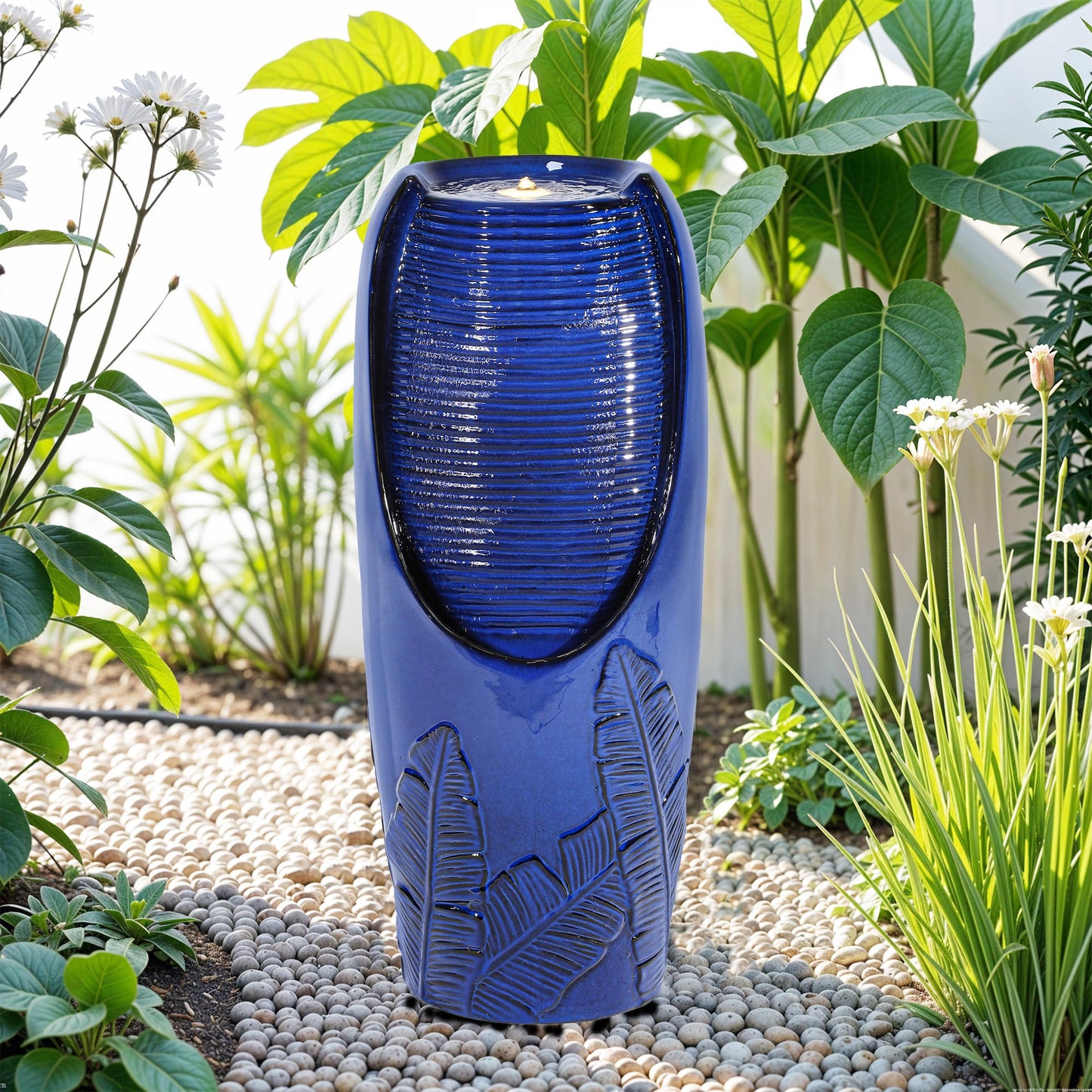 Autodaya 33" H Outdoor Garden Fountain with LED Lights, Modern Ceramic Jar Water Fountain, 3D Tropical Leaf Pattern, Cobalt Blue Glaze, Soothing Cascading Waterfall for Relaxing Patio, Yard, Porch