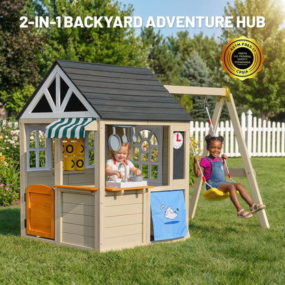 Aivello Cedar Wooden Playhouse with Swing Set for Kids, 2-in-1 Outdoor Backyard Playset with Tic-Tac-Toe Game, Play Kitchen, Pet Door & Doorbell, Space-Saving Kids Playhouse for Ages 3-8