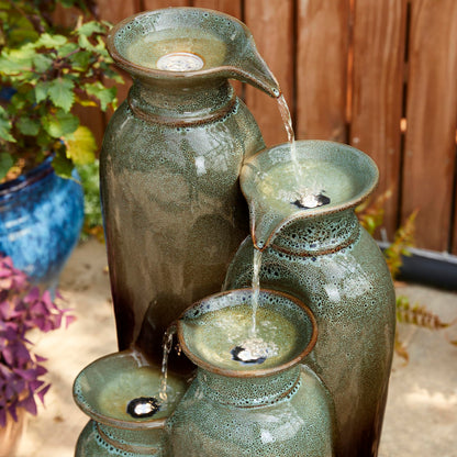 Glitzhome 30.75" H Vase Ceramic Outdoor Water Fountain with LED Lights and Pump, 4-Tier Olive Green and Brown Reactive Glaze Cascading Pots Standing Fountain for Porch Deck Garden Patio Backyard