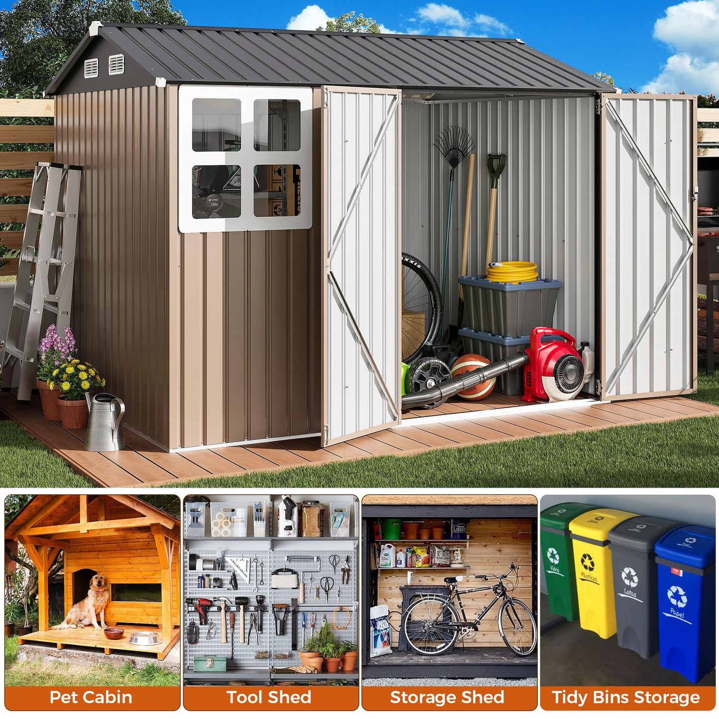 IRONCK 8x6FT Outdoor Storage Shed with Clear Window, Tool Shed with Breathable Vent and Lockable Doors, Metal Garden Storage for Poolside, Patio, Backyard, Brown