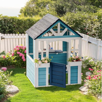 ROBUD Outdoor Playhouse, Wooden Play House for Kids Outdoor with Snack Bar, Flowerpot Holders, Sink, Stove, Cookware, Outdoor playset for Kids Ages 3+