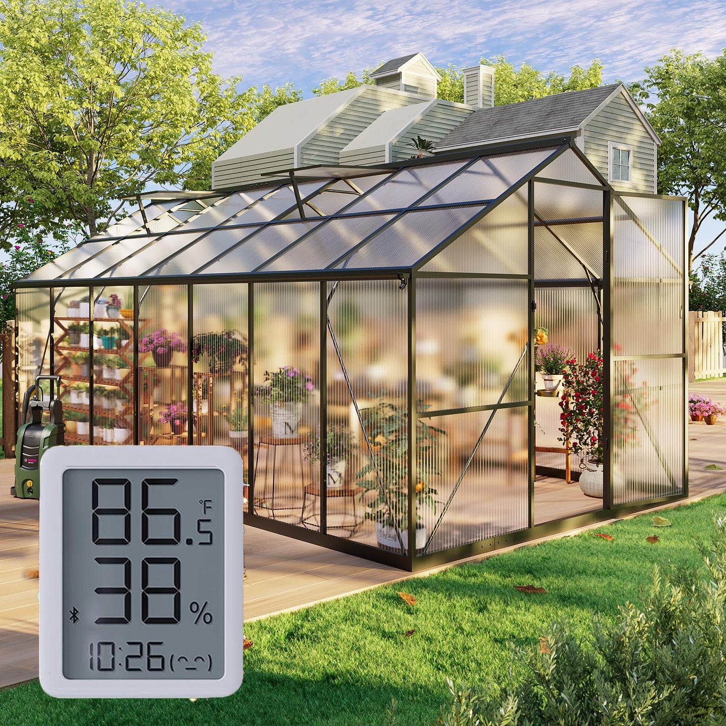 SYLVIERA 8x14FT Walk-in Greenhouse with Hygrometer,Polycarbonate Green House with UV Protection, Heavy Duty Greenhouse with Windproof Aluminum Frame, Roof Vent & Quick-Install Design