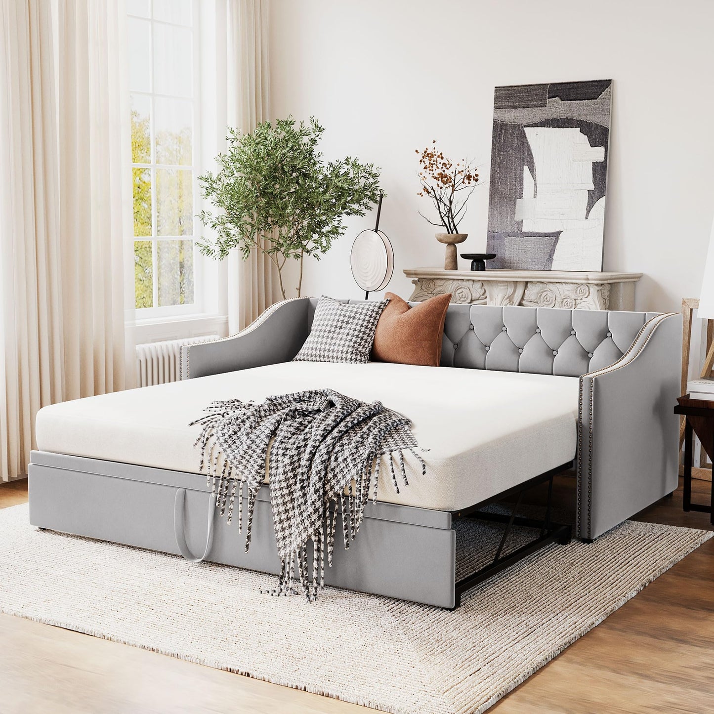 Twin Size Upholstered Daybed with Pop up Trundle,Velvet Day Bed Frame with Extendable Trundle,Twin to King Daybed,Tufted Sofa Bed for Bedroom,Living Room,Guest,Gray
