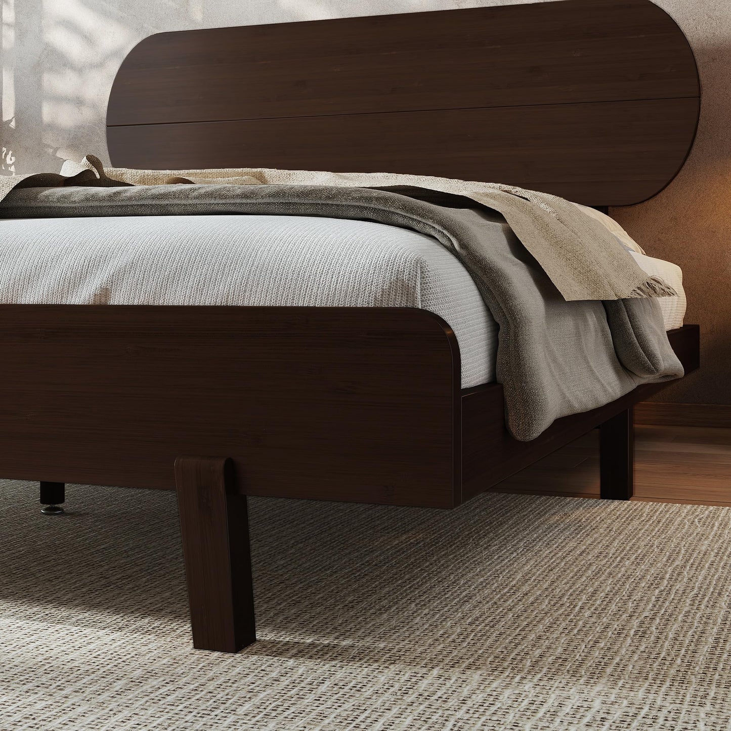 KEIKI Queen Size Bamboo Platform Bed with Round Shape Headboard, Mid-Century Modern Floating Bed Frame with Solid Support Slats, No Box Spring Needed, Easy Assembly, Noise Free, for Bedroom, Espresso