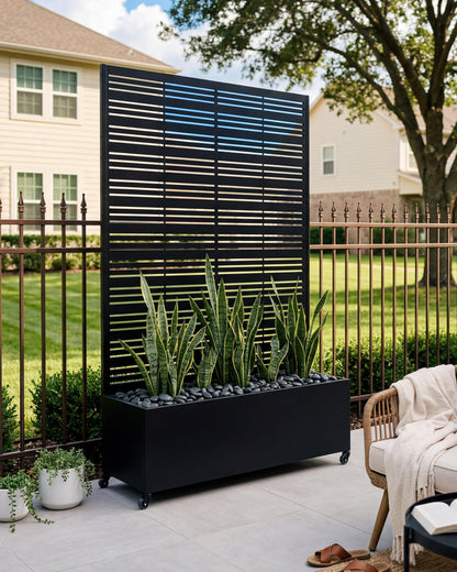 TinFrey 73" Tall Privacy Planters with Trellis, Freestanding Metal Planter Box with Trellis on Wheels, AC Unit Cover for Patio, Hide Trash Cans Pool Equipment, 5 Built-in Drainage Holes - Black