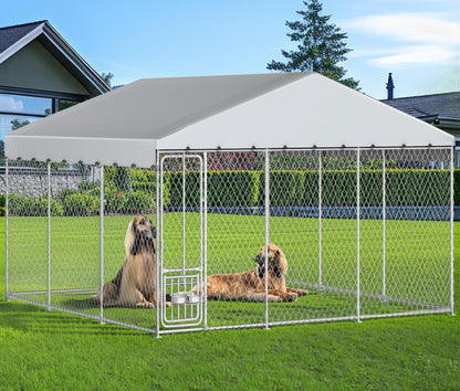 YITAHOME 14.8'x14.8' Large Outdoor Dog Kennel with Rotating Feeder Bowls, Outdoor Dog Enclosure with Roof, Heavy Duty Dog Cage for Large Dogs