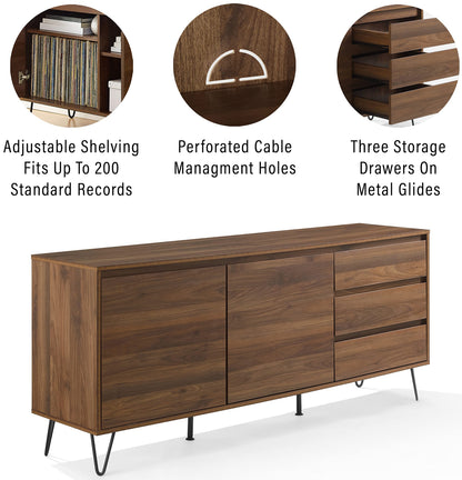 Crosley Furniture Teagan Mid Century Record Storage Sideboard Buffet Cabinet, Brown Oak