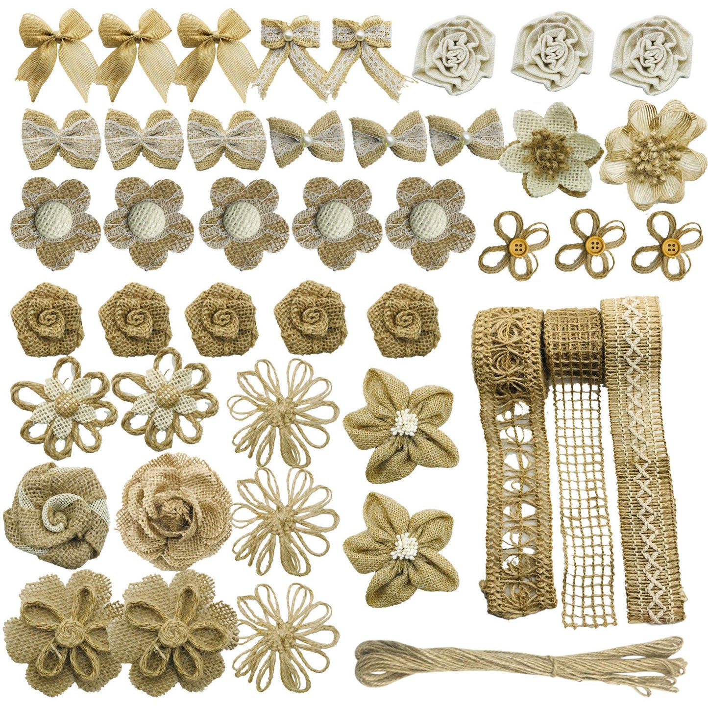 Allazone 46 PCS Natural Burlap Flowers Set, 3 Rolls Lace Burlap Ribbon and 40 PCS Handmade Burlap Rose Flowers, Twine Ribbon and Glue Point for DIY Craft Wedding Party Gift Decor