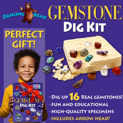 DANCING BEAR Gem stone Dig Kit, Excavate 16 Real Gems & Crystals including Arrowheads, Quartz Point and Amethyst, STEM Education for Kids, Fun Rock Mining Science Activity Gift Sets for Girls and Boys