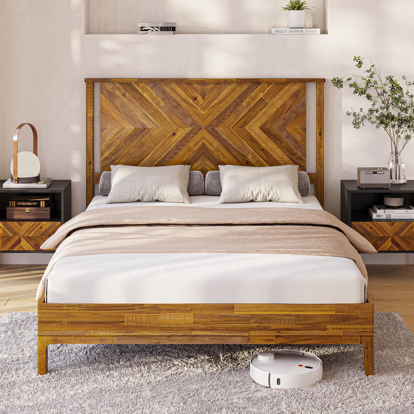 Bme Vivian 14 Inch Deluxe Bed Frame with Headboard, Rustic & Scandinavian Style with Solid Acacia Wood, No Box Spring Needed, 12 Strong Wood Slat Support, Easy Assembly, Queen, Rustic Golden Brown