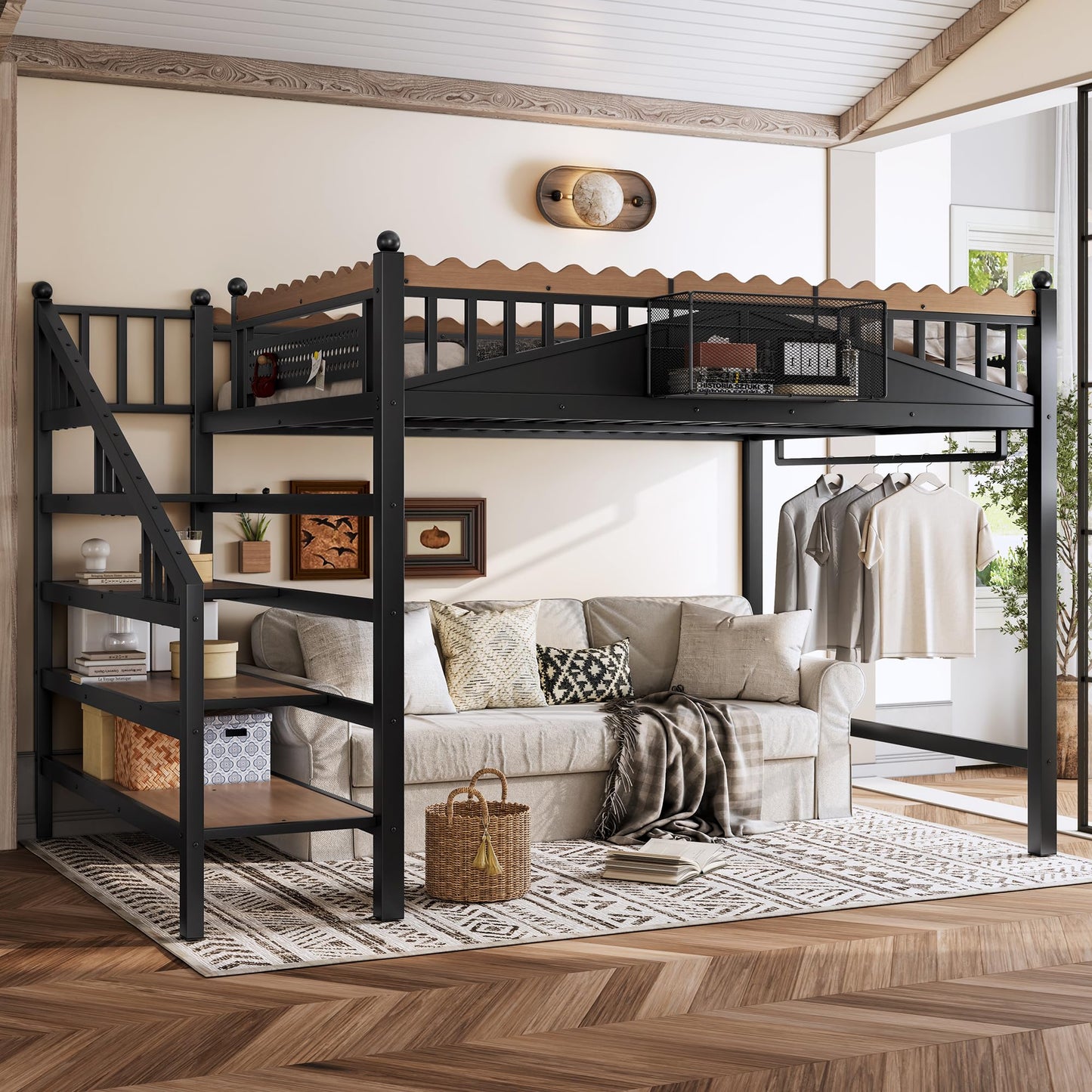 KEIKI Queen Size Loft Bed with Storage Stairs, Metal Loft Bed Frame with Shelves & Bookshelf, Heavy Duty Adult Loft Bed with Guardrails, No Box Spring Needed, Black