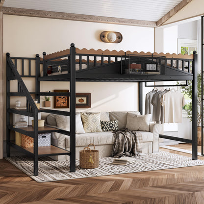 KEIKI Queen Size Loft Bed with Storage Stairs, Metal Loft Bed Frame with Shelves & Bookshelf, Heavy Duty Adult Loft Bed with Guardrails, No Box Spring Needed, Black