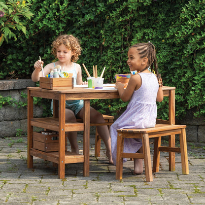 Martha Stewart Kids Outdoor Craft Table and 2 Bench Set: Acacia Wood Activity Desk w/Crate, Caddy, and Storage Shelves | Kids Play & Picnic Table w/Benches for Backyard, Patio, Outdoor Classrooms