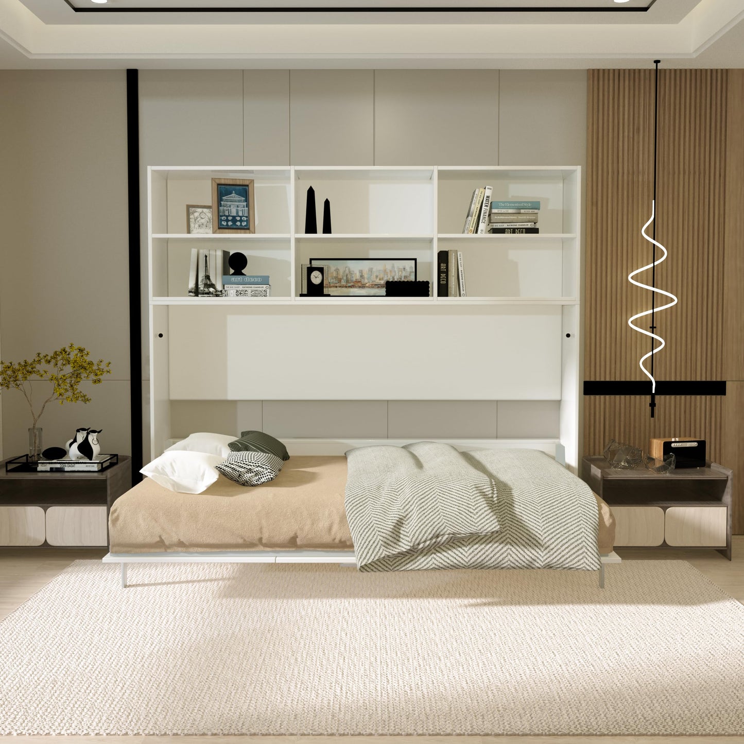 YOPTO Twin Size Horizontal Murphy Bed Chest with Double Layer Storage Shelf,Wood Hidden Cabinet Platform Bed W/Gas Struts,Space Saving,Wall Bed Frame for Bedroom,Guest Room,Apartment,White