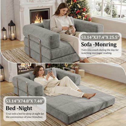BSHOMGI Folding Sofa Bed, 4 in 1 Convertible Sofas to Lounger Comfy Floor Portable Foldable Sleeper Lazy Futon Couch Chair for Bedroom, Living Room (Light Gray, 53.15" Double Sofa)