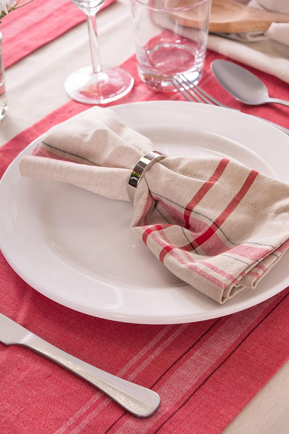 DII French Stripe Tabletop Collection 6 Piece Dining Table Linen Napkin Set, 20x20, Taupe/Red Farmhouse Style