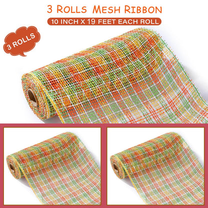 Chuangdi 3 Fall Rolls Poly Burlap Mesh 10 Inches Deco Mesh for Wreath Thanksgiving Yellow Orange and Green Sunflower Plaid Decorative Ribbon for Autumn Wreath Making Supplies