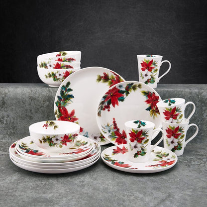 Mikasa Hope Joy Holiday Poinsettia Bone China Lightweight Chip Resistant 16 Piece Dinnerware Set, Service for 4, Multicolor