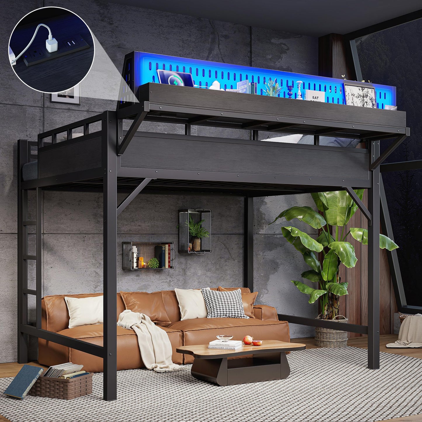 KEIKI Queen Size Metal Loft Bed Frame with Storage Shelves & Pegboard, Modern Loft Bed with USB Ports and LED Lights for Adults Studio Apartments Home Offices & Multifunction Bedrooms