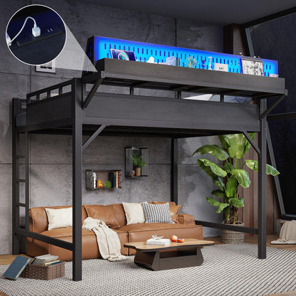 KEIKI Queen Size Metal Loft Bed Frame with Storage Shelves & Pegboard, Modern Loft Bed with USB Ports and LED Lights for Adults Studio Apartments Home Offices & Multifunction Bedrooms