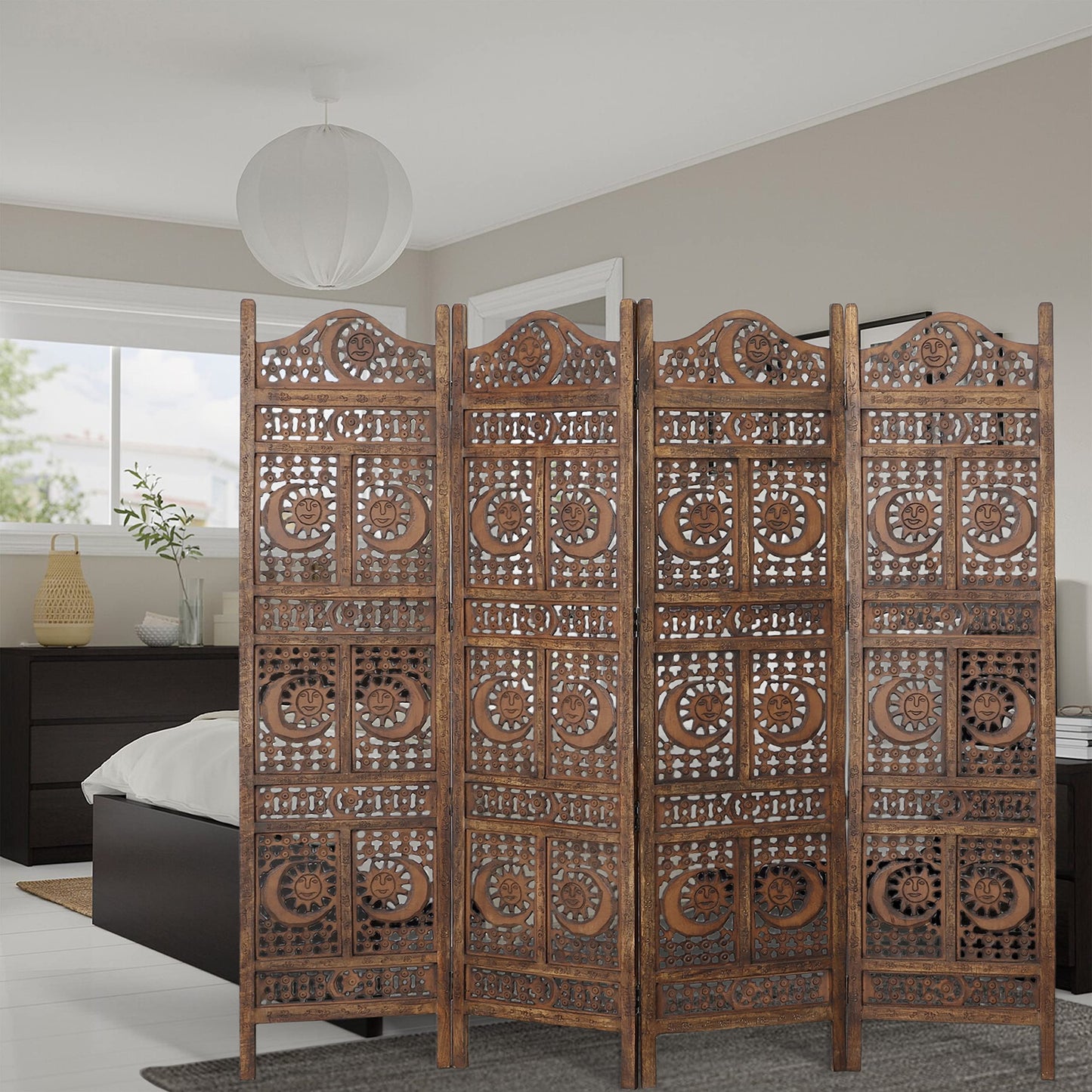 Hand Carved Sun and Moon Design Foldable 4 Panel Wooden Room Divider, Decorative Privacy Screen, Rustic Home Partition Decor