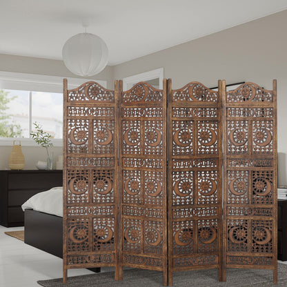 Hand Carved Sun and Moon Design Foldable 4 Panel Wooden Room Divider, Decorative Privacy Screen, Rustic Home Partition Decor