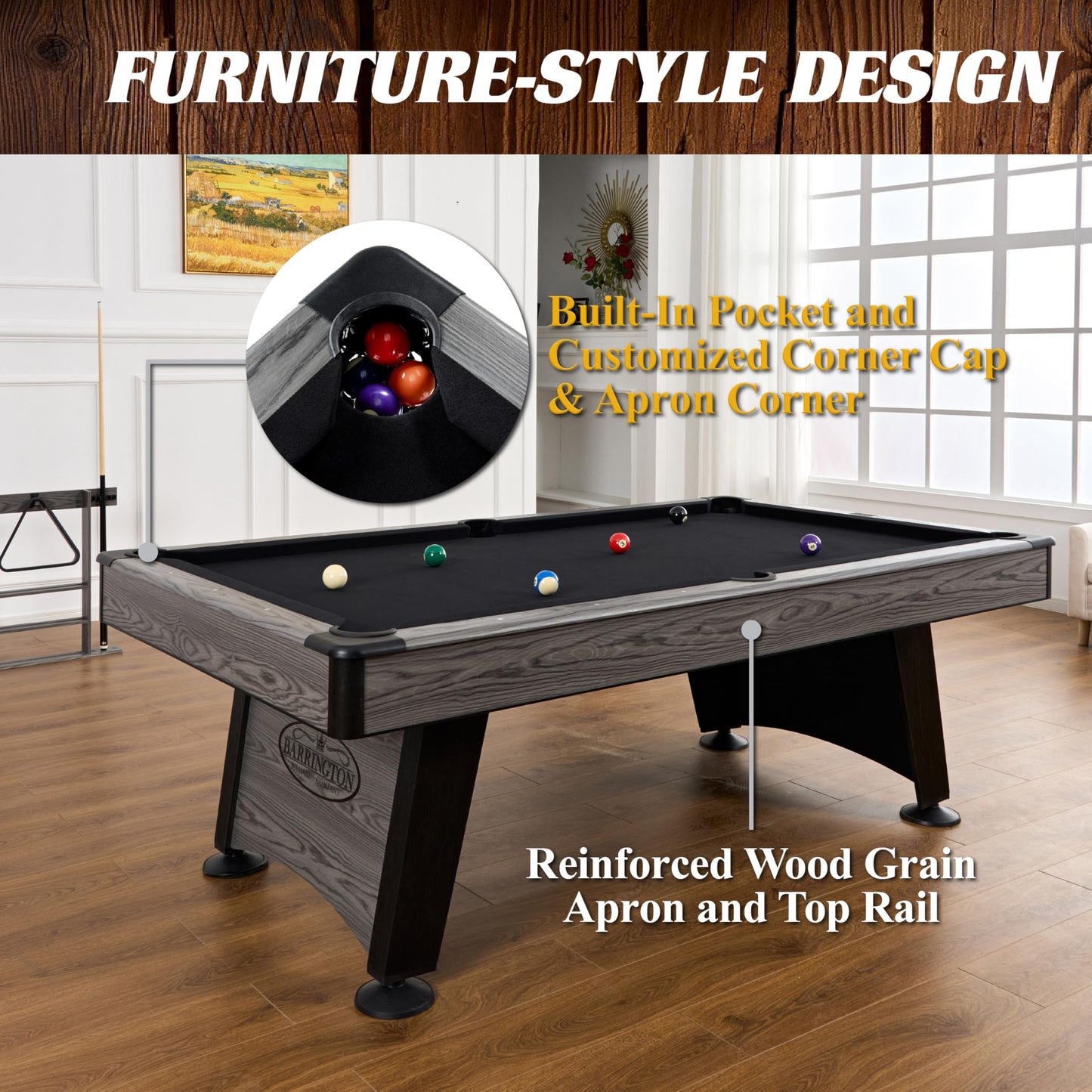 Barrington Billiards Blackstone 7.5 Ft Pool Table with Black Velvet Cloth, Cue Rack, Balls, Cue Sticks for Family Game Room