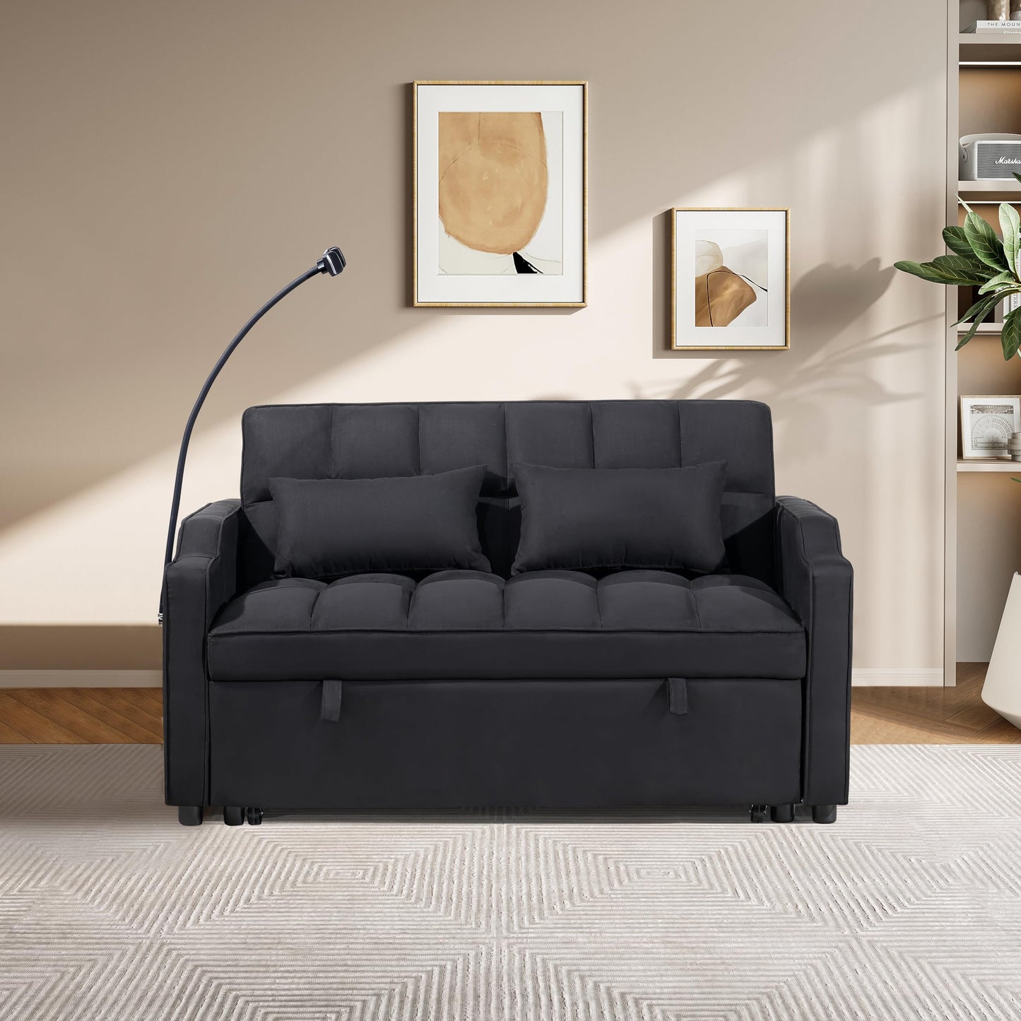 KEIKI 53" 3-in-1 Multifunctional Sofa Bed with Adjustable Backrest, Foldable Futon Couch with USB Port & Swivel Phone Holder, Compact Loveseat Sleeper Sofa for Guest Room Home Office & Bedroom