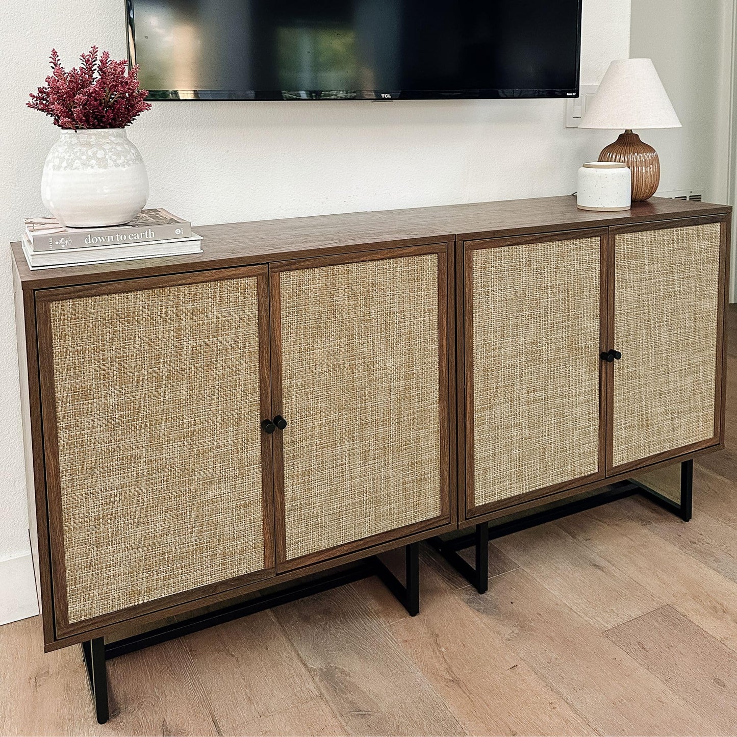 Nathan James Kova Bohemian Rattan Accent Sideboard Storage Cabinet, with Doors and Matte Black Legs, Dark Brown/Black