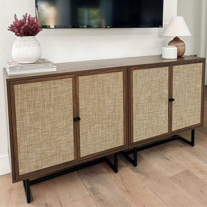 Nathan James Kova Bohemian Rattan Accent Sideboard Storage Cabinet, with Doors and Matte Black Legs, Dark Brown/Black