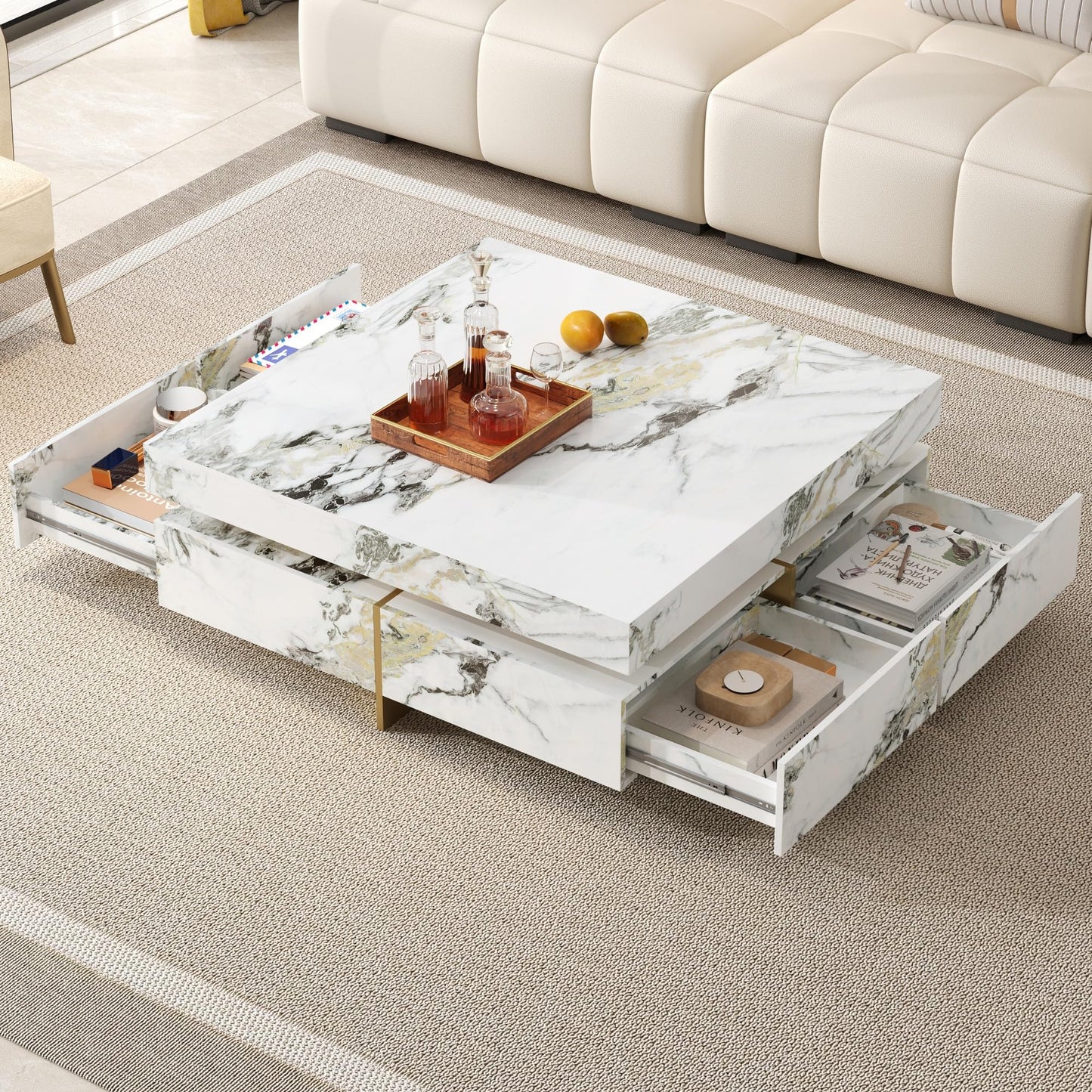 Merax 43.3 Inch Modern Large Square Coffee Table with Marble Textured Top, 4 Built-in Drawers Ample Storage and Floating Suspended Base, Modern Elegance White MDF Storage Center Table for Living Room