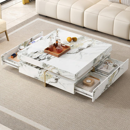 Merax 43.3 Inch Modern Large Square Coffee Table with Marble Textured Top, 4 Built-in Drawers Ample Storage and Floating Suspended Base, Modern Elegance White MDF Storage Center Table for Living Room