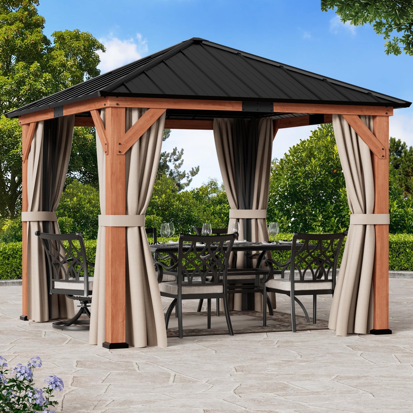 Modern Shade Tranquil Grove Wood Gazebo 10' x 10', Permanent Hardtop Gazebo with Galvanized Steel Roof, Mosquito Netting and Curtains, Cedar Outdoor Gazebo with Sturdy Hooks for Backyard