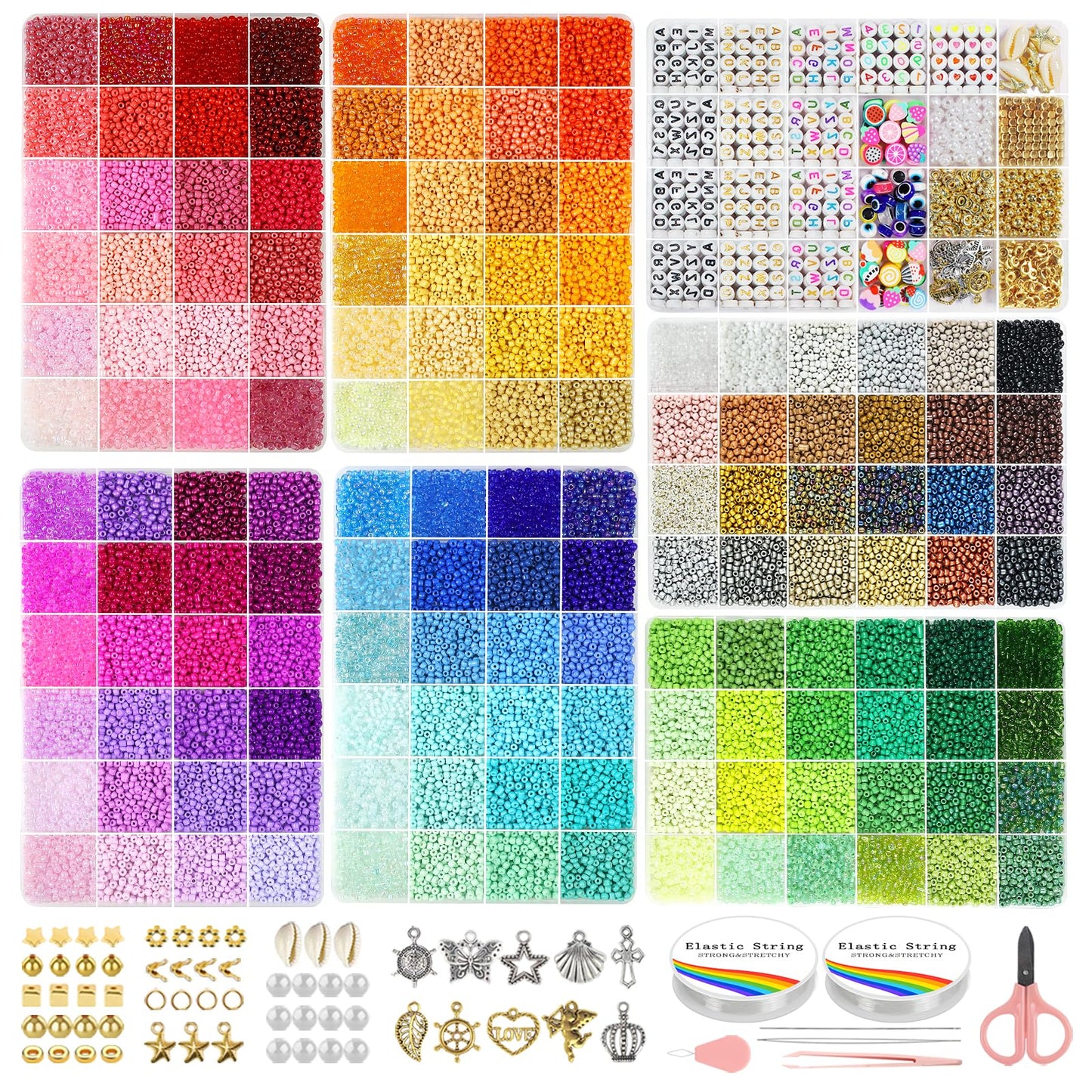 Redtwo 3mm 44500pcs Glass Seed Beads Kit, 7 Boxes 144 Colors Small Beads for Bracelets, Friendship Bracelet Kit with Charms and Letters