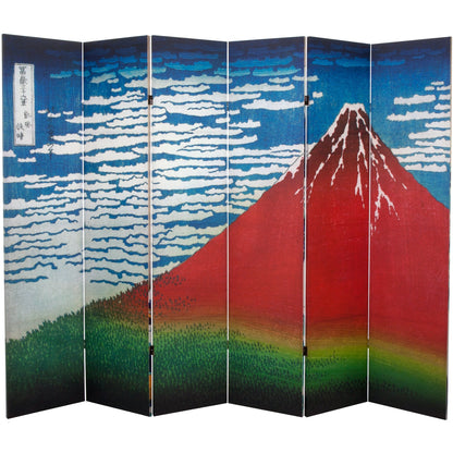 Red Lantern 6 ft. Tall Double Sided Hokusai Room Divider - Great Wave/Red Fuji 6 Panel Freestanding Folding Privacy Screen Partition and Separator for Modern and Contemporary Bedroom Home Office Dorm