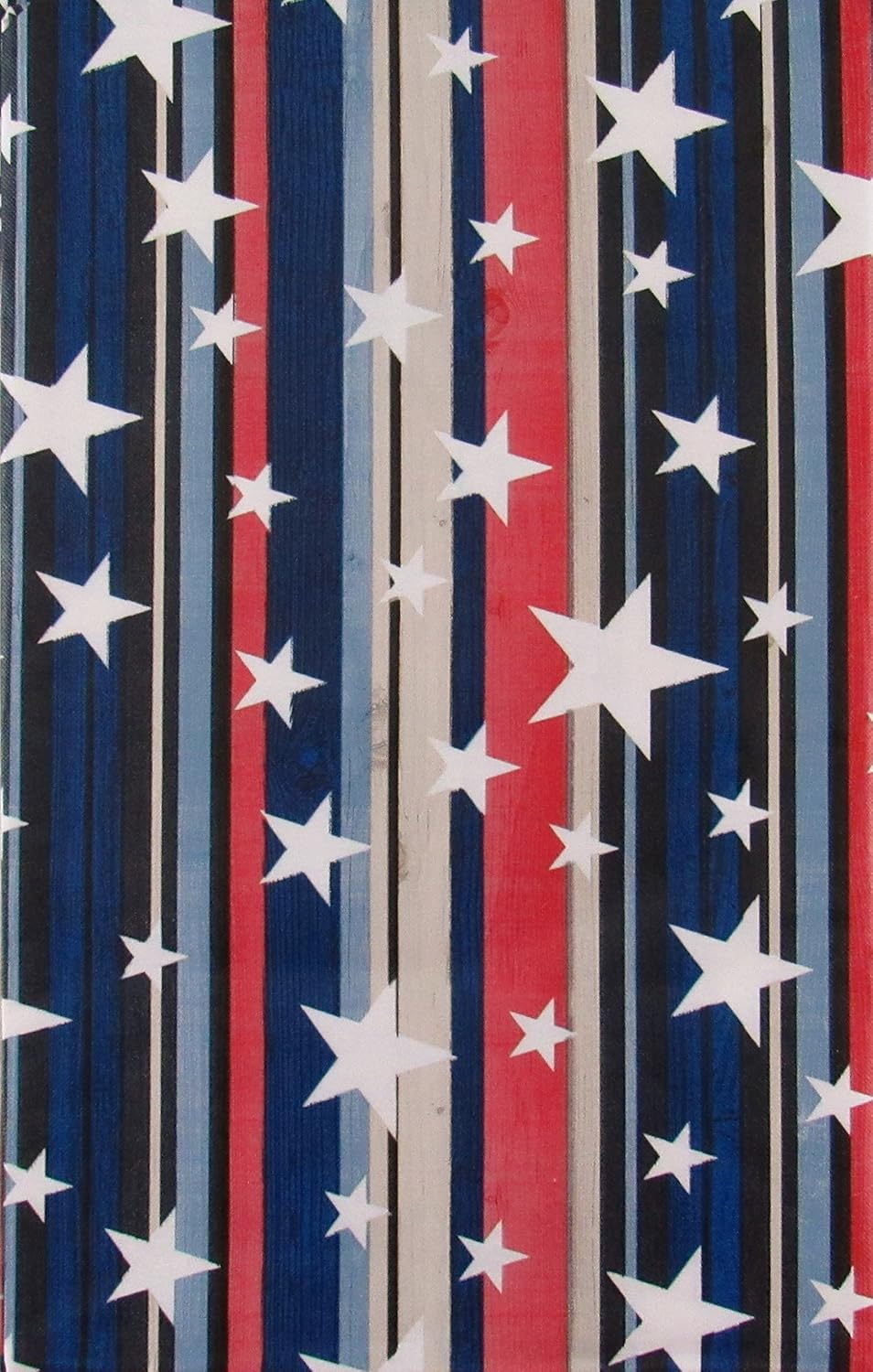 Elrene Home Fashions Patriotic Stars on Red, White, Blue and Black Wood Grain Stripes Vinyl Flannel Back Tablecloth,