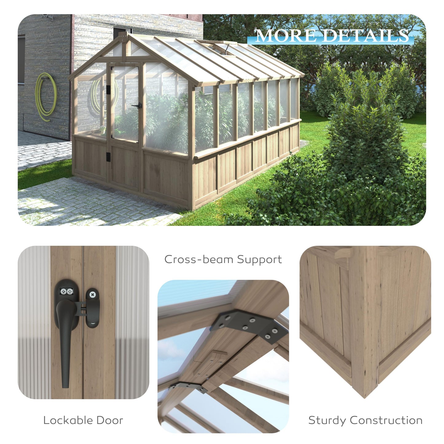 Yardenaler 8x14 FT Outdoor Greenhouse Kit, Wooden Greenhouses for Outdoors Walk-in Green House with 6MM Thick Polycarbonate Panel & Adjustable Roof Vents, Backyard Garden, Light Mocha Brown