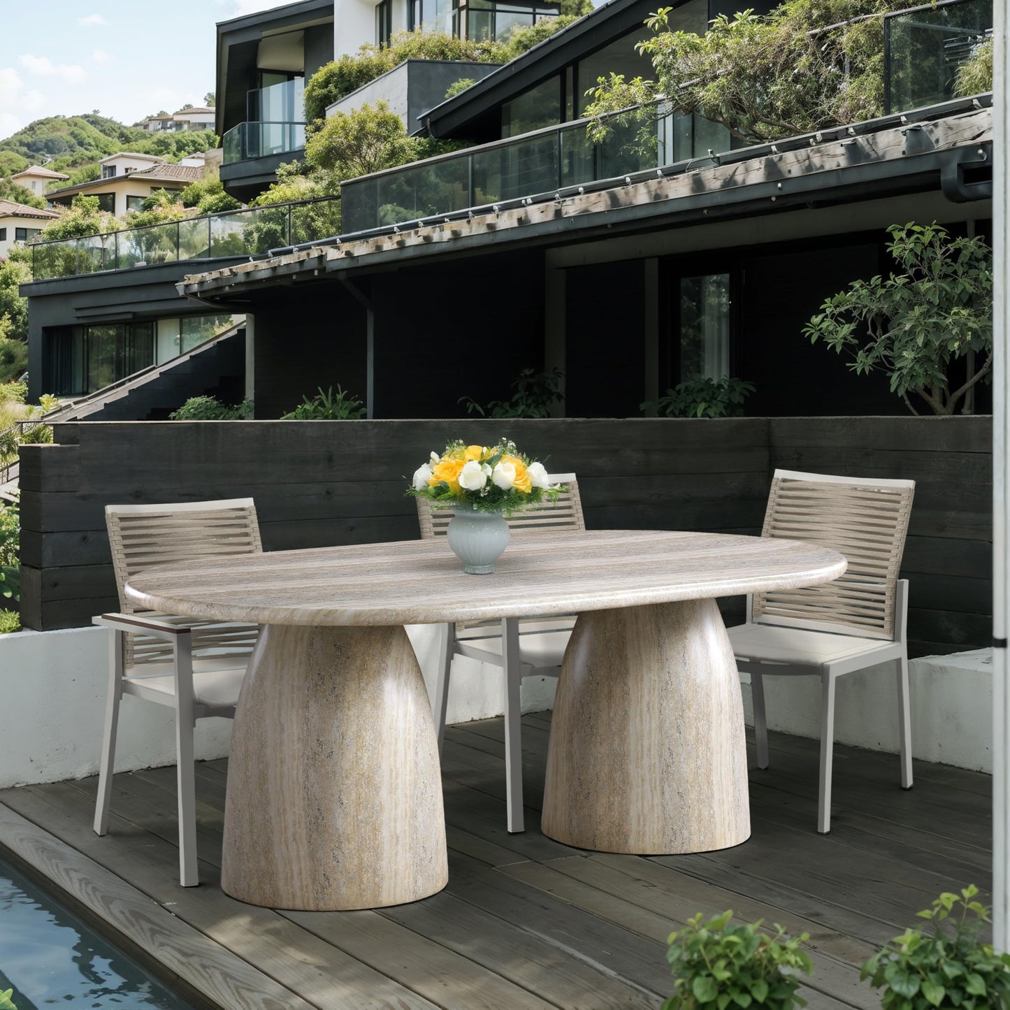 Meridian Furniture 702Travertine-T Cosenza Collection Art Deco 78" Indoor/Outdoor Concrete Dining Table with Travertine Finish, 78" W x 44.5" D x 30" H
