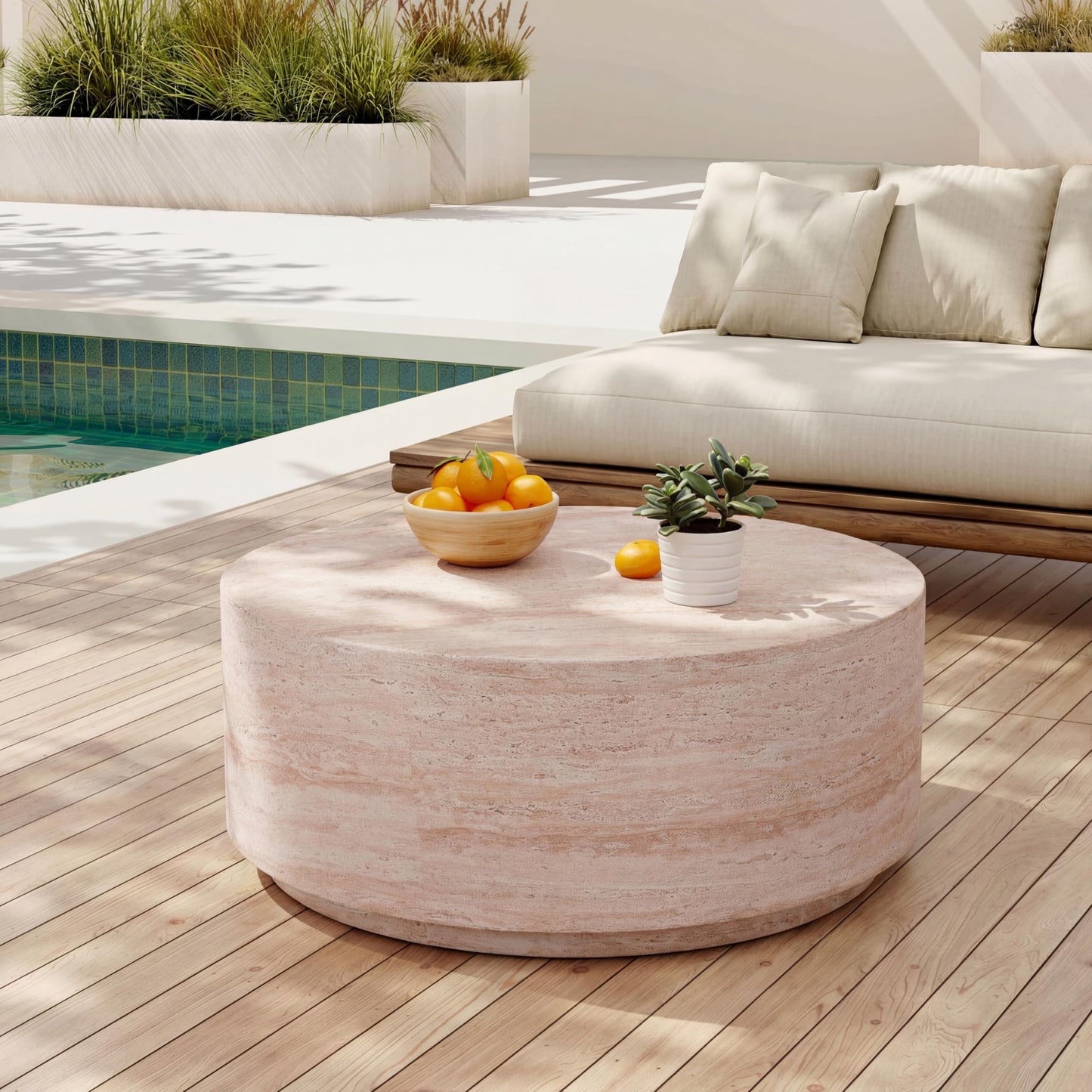 Christopher Knight Home Helen 27.5" Round Coffee Table, MGO Side Table for Patio Furniture Set, Modern Accent Table for Both Indoor and Outdoor Use, End Table for Patio/Deck/Garden, Travertine